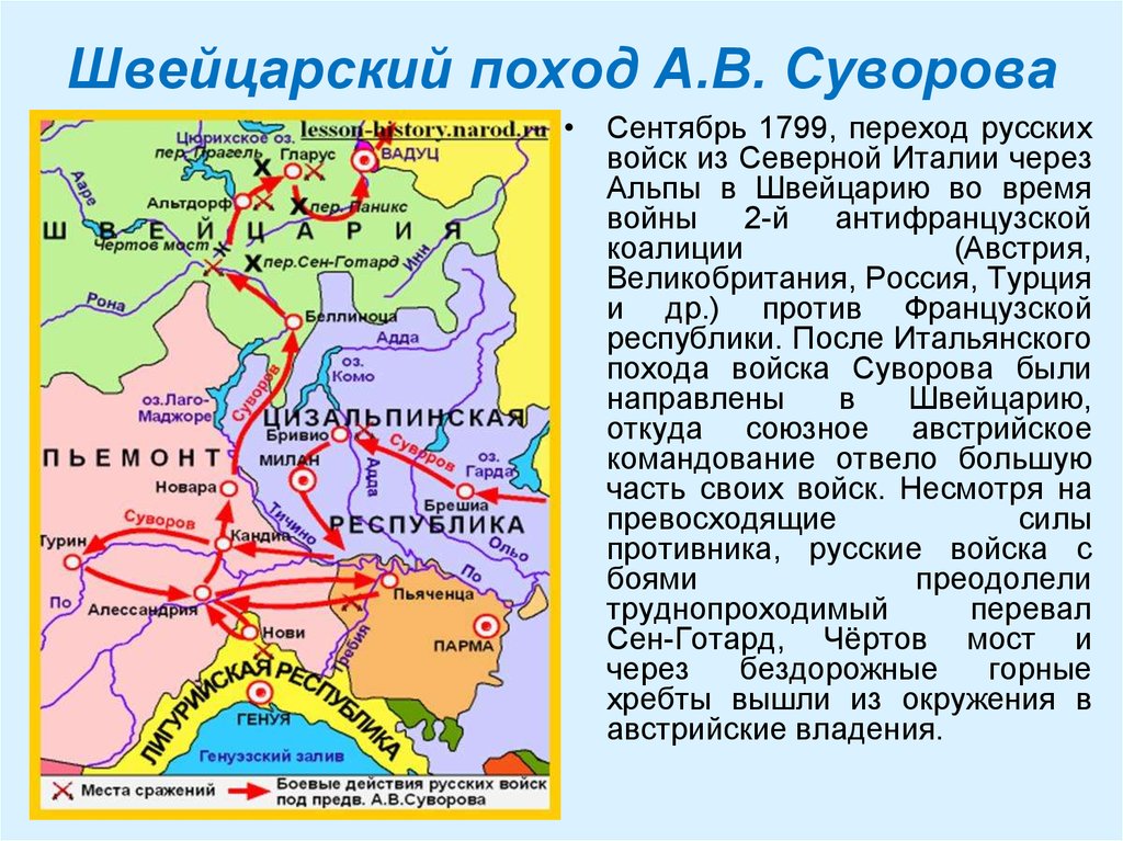 Карта итальянский и швейцарский походы суворова 1799