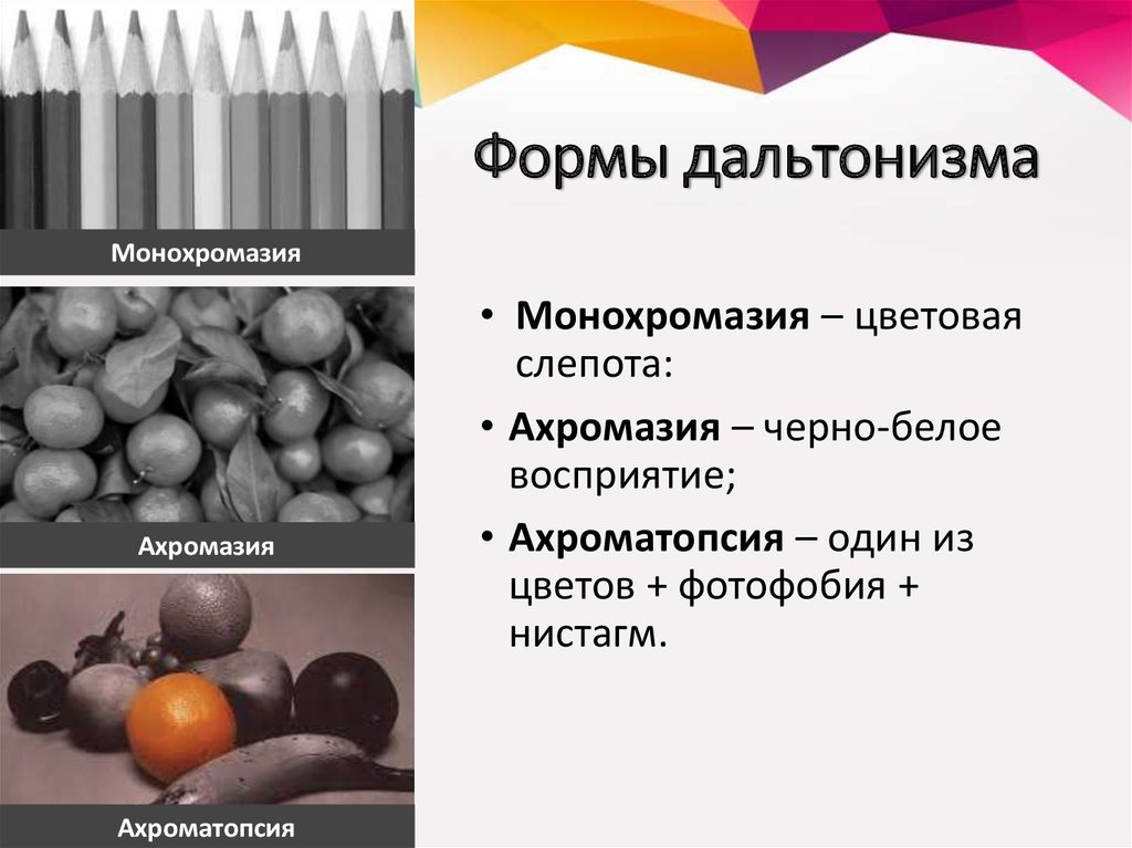 Типы слепоты. Полная цветовая слепота. Монохроматизм. Полная цветовая слепота — ахромазия. Ахромазия и монохромазия.