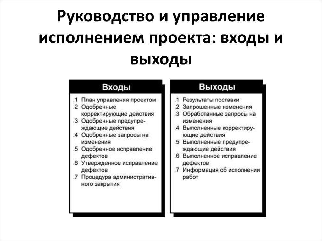 Управление исполнением. Управление исполнением проекта. Входы руководство и управление исполнением проекта. Вход и выход проекта.