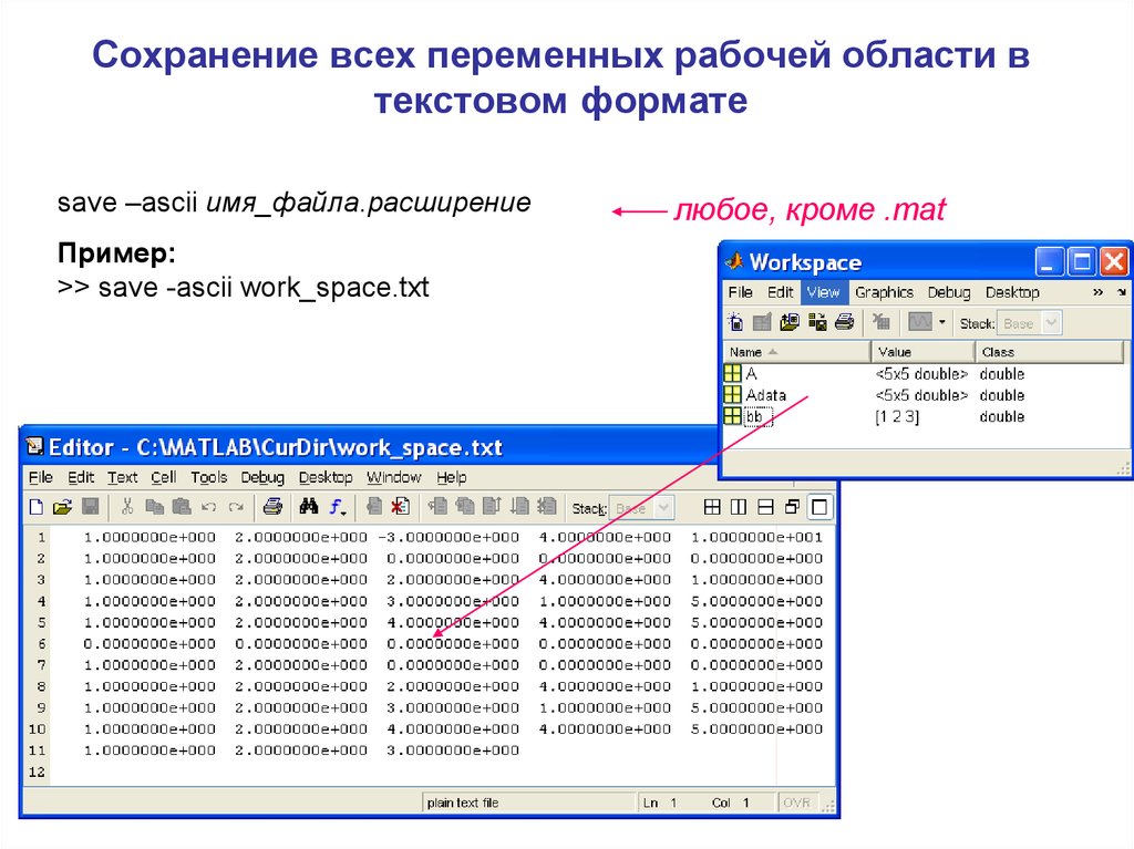 Формат ввода. ASCII Matlab. Вывод данных матлаб. Сохранить рабочую область. Сохранить как образец.