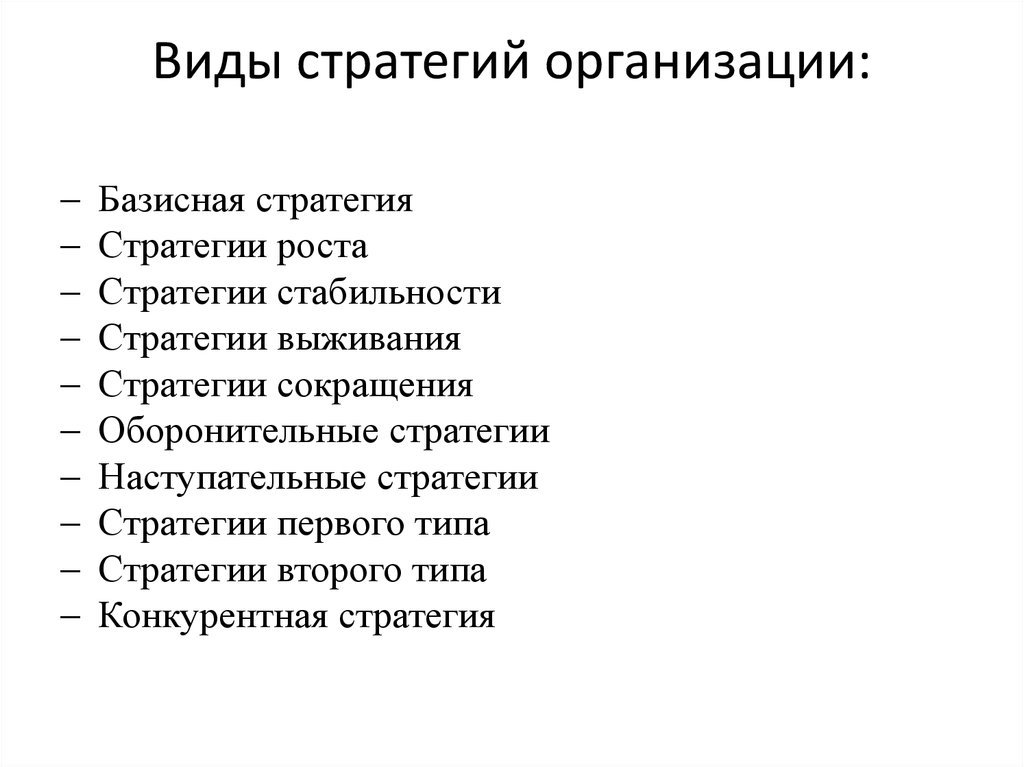 Виды стратегий организации: