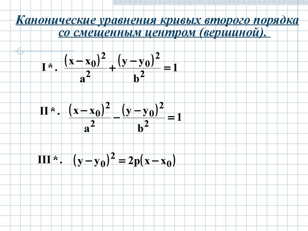 Примеры второго порядка. Каноническое уравнение со смещенным центром. Формула смещенного порядка.