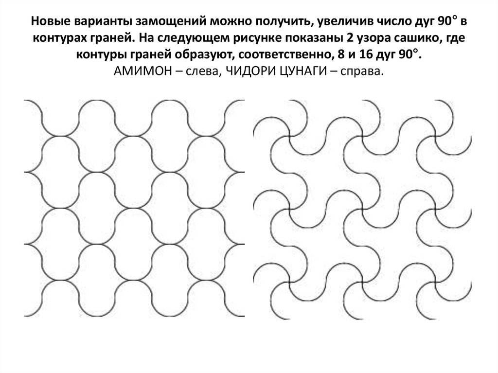 Новые варианты замощений можно получить, увеличив число дуг 90° в контурах граней. На следующем рисунке показаны 2 узора