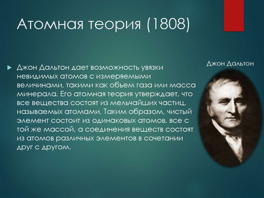 Открытие основа. Джон Дальтон атомная теория. Джон Дальтон теория атома. Атомная теория 1808. Атомная теория строения вещества Дальтона.