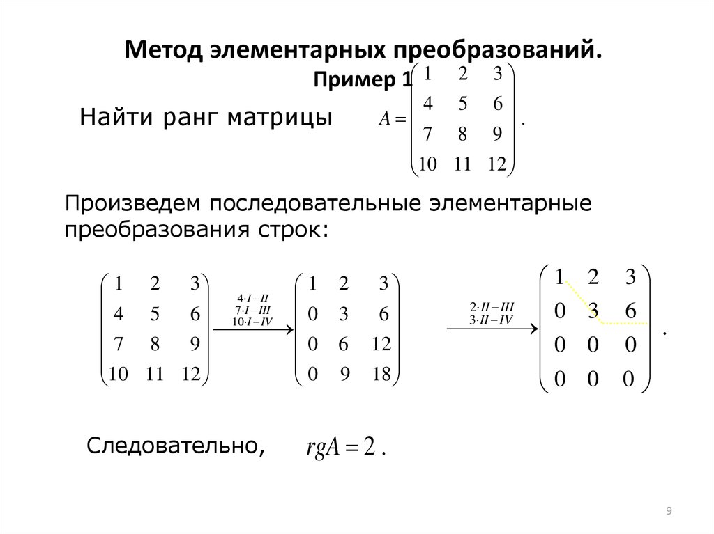 Преобразование строк матрицы. Метод элементарных преобразований матрицы. Алгоритм вычисления ранга матрицы. Ранг матрицы методом элементарных преобразований. Как вычислить ранг матрицы методом элементарных преобразований.