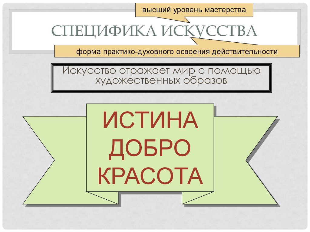 Специфика искусства. Искусство вид духовного освоения действительности. Связь искусства и реальности. Искусство отражает мир посредством достижения истины.