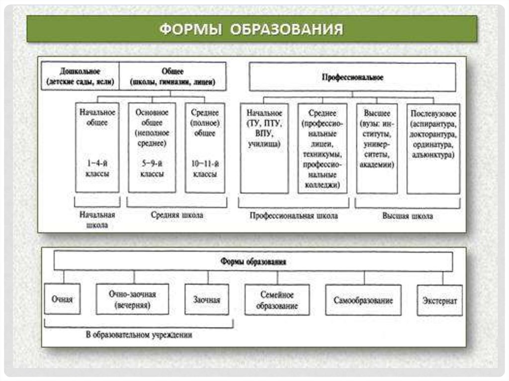 Виды образование схема. Формы образования. Формы образования в РФ. Виды, уровни и формы получения образования в виде таблицы. Виды образования Обществознание.