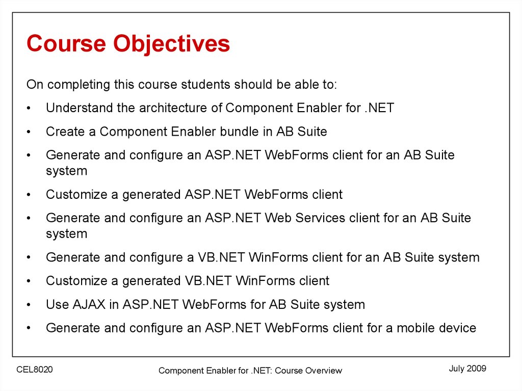 Component Enabler For NET Course Objectives Online Presentation