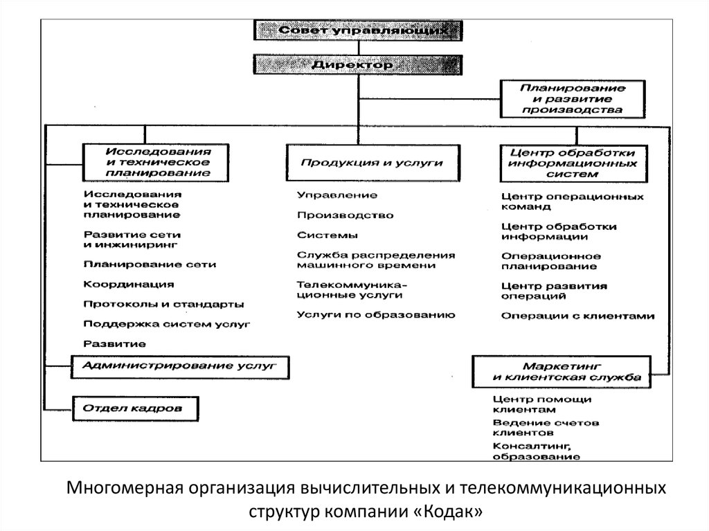 Концепция организационного управления. Классификация организационных структур. Многомерная структура организации. Организационная структура Kodak. Структура телекоммуникационной компании.