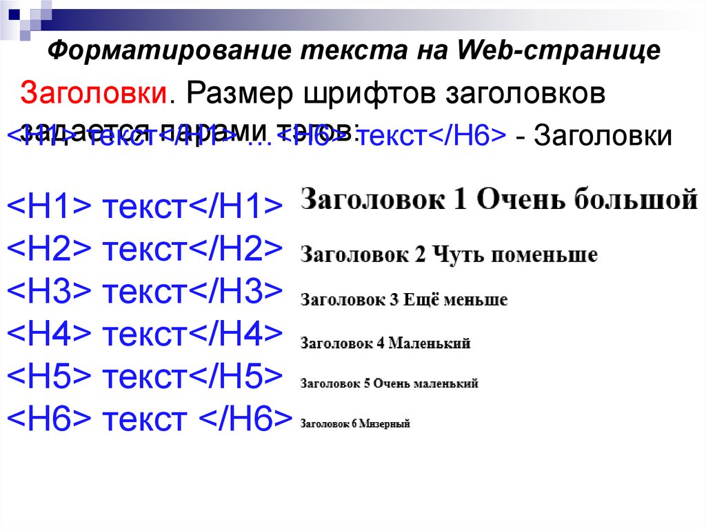 Размер сайта html. Форматирование текста на web-странице. Название веб страницы. Размер шрифта заголовка. Какой размер шрифта у заголовка.