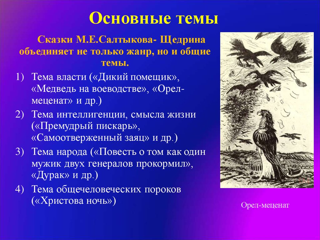 Сказка медведь на воеводстве краткое содержание. Сказки Салтыкова Щедрина Орел меценат. Салатиков Щедрина основная тема сказки. Тема сказки дикий помещик Салтыков-Щедрин. Основные темы сказок Щедрина.