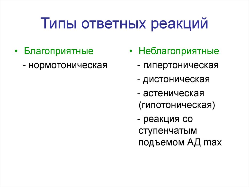 Благоприятный вид. Виды ответных реакций. Типы реакции нормотоническая гипотоническая. Гипотонический Тип реакции характеризуется. Гипертонический Тип реакции.