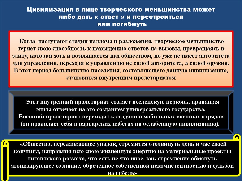 Наступила стадия. Творческое меньшинство. Надлом цивилизации. Творческое меньшинство это кто. Универсальное государство.