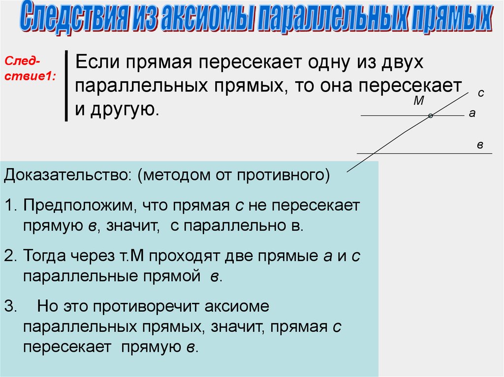 Две прямые пересеченные одной прямой параллельны. Если прямая пересекает одну из двух параллельных прямых то. Если прямая пересекает одну из двух параллельных прямых то она. Если прямая пересекает одну из прямых то она. Аксиомы геометрии.