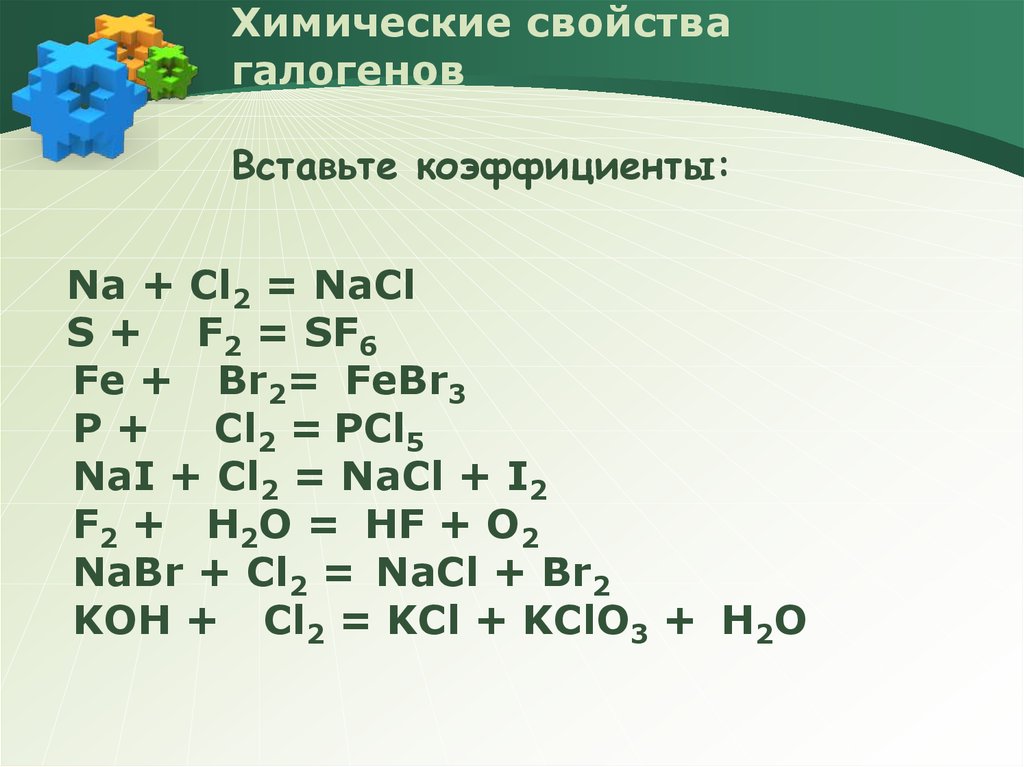 Коэффициент na cl2 nacl. Галогены уравнения реакций. Химические свойства галогенов реакции. Химические свойства галогенов уравнения реакций. Таблица реакций галогенов.