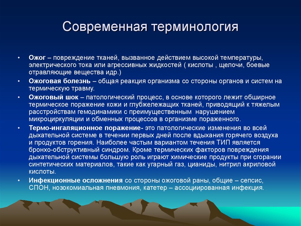 Современная терминология. Современные термины. Современная терминология не представлена группой. Ожоговая терминология.