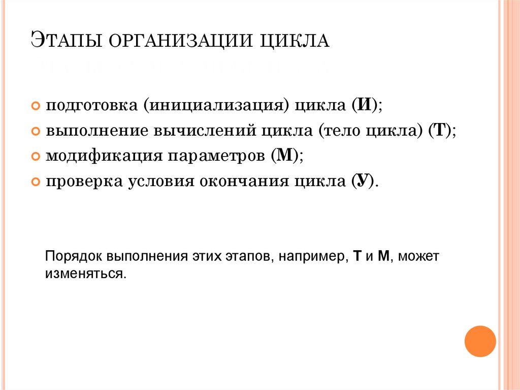 Этапы цикла. Цикл организации. Способы организации циклов. Порядок проведения циклов. Организация циклов с условиями.