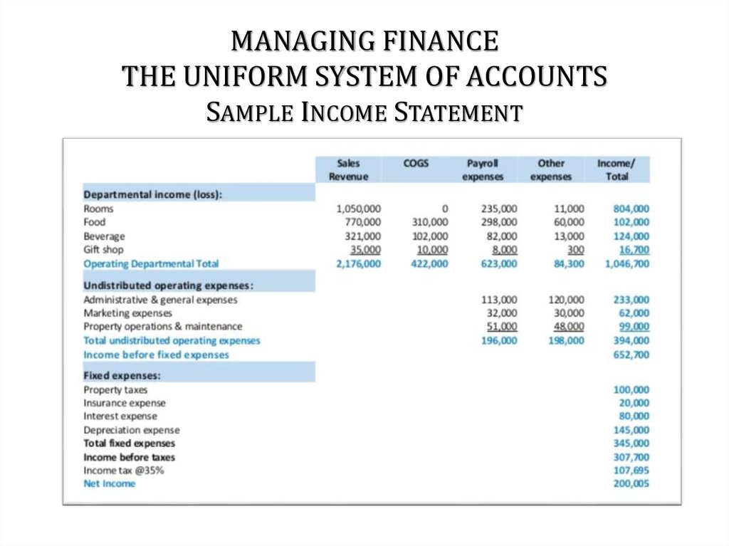 MANAGING FINANCE THE UNIFORM SYSTEM OF ACCOUNTS Sample Income Statement