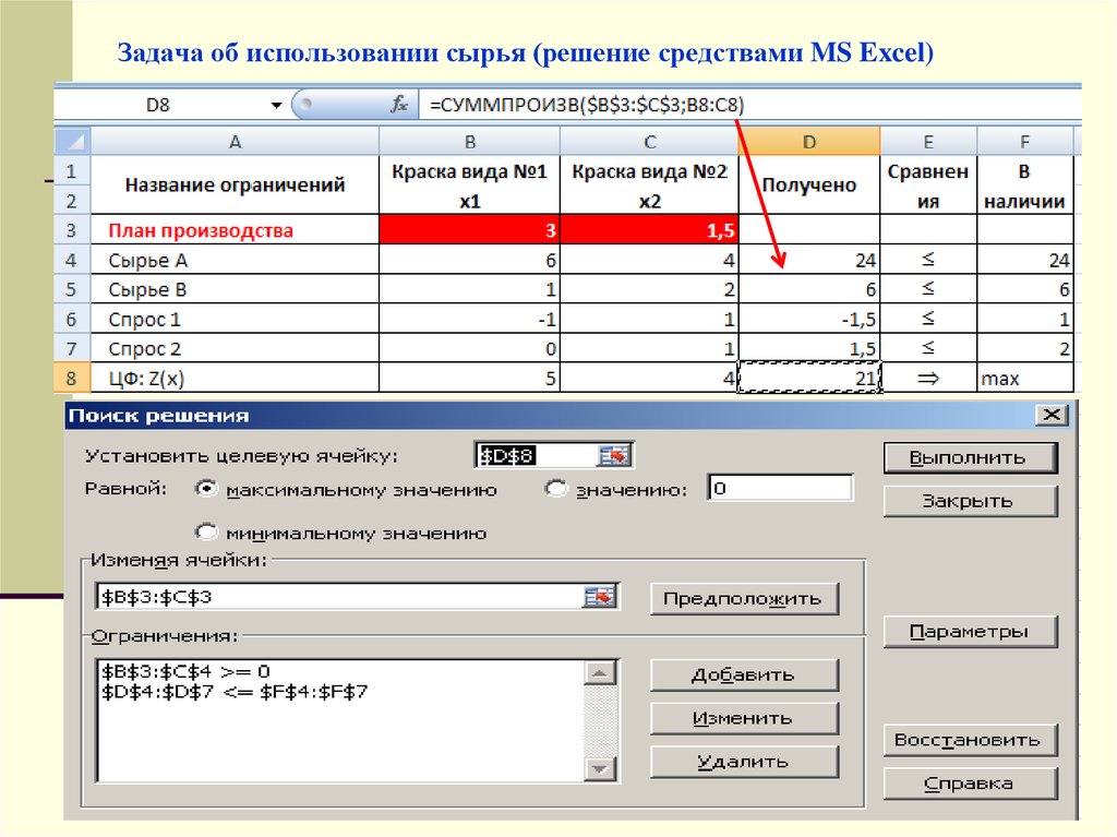 Использования сырья. Решение задач средствами MS excel. Решение экономических задач средствами MS excel. Задача о рюкзаке в excel. Используемые технические средства в MS excel.