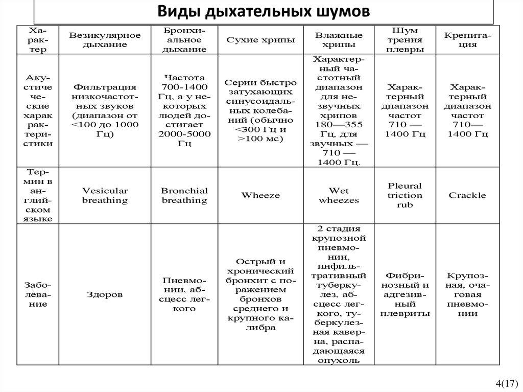 Характер основных дыхательных шумов