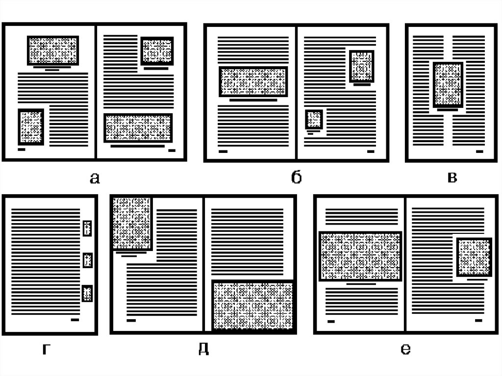Расположение текста. Варианты верстки иллюстраций. Расположение иллюстраций на полосе. Расположение иллюстраций в книге. Размещение иллюстраций в книжке картинке.