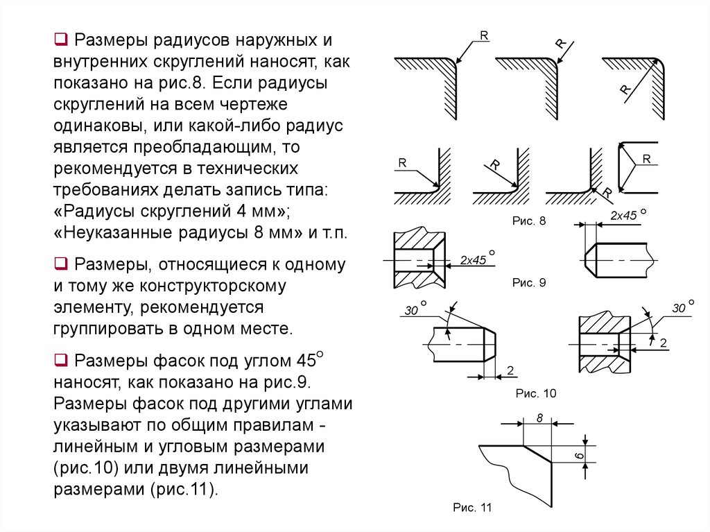 Радиус размер. Нанесение размеров на чертежах 2.307. Нанесение линейных размеров на чертежах. Радиус скругления на чертеже. Нанесение размеров радиусов скруглений.