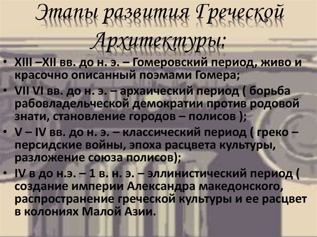 Этапы развития Греческой Архитектуры: