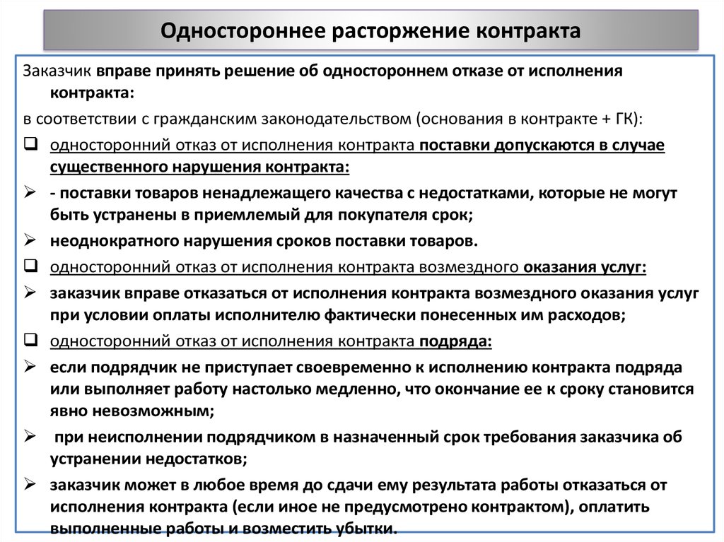 Расторжение договора подряда. Отказ от расторжения договора. Отказ от расторжения контракта. Односторонний отказ от расторжения контракта. Основания для расторжения договора в одностороннем порядке.