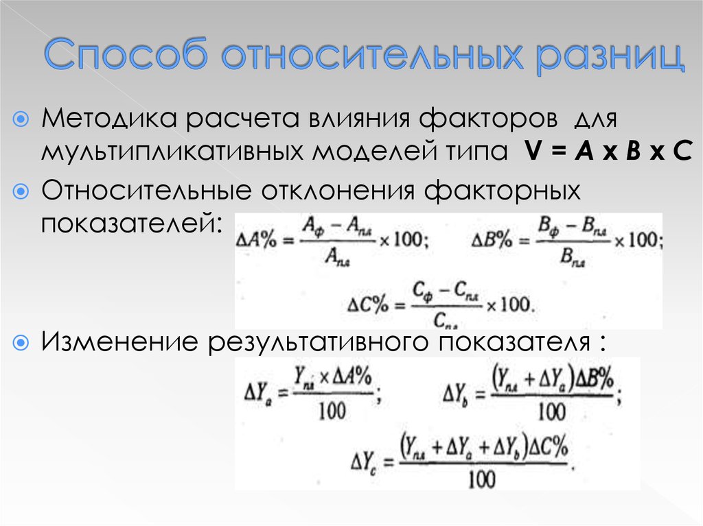 Относительное изменение расчет. Метод относительных разниц формула. Метод относительных разниц трехфакторная модель. Формула метода относительных разниц. Метод относительных разниц факторного анализа.