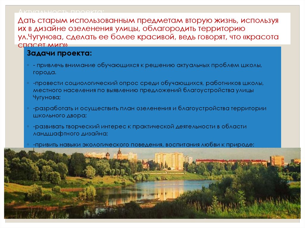 Актуальность проекта: Дать старым использованным предметам вторую жизнь, используя их в дизайне озеленения улицы, облагородить