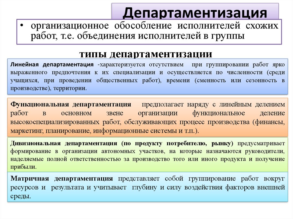 Как называется формирование. Типы департаментизации в организации. Формирование подразделений организации принято называть. Линейная департаментизация. Признаки департаментизации.