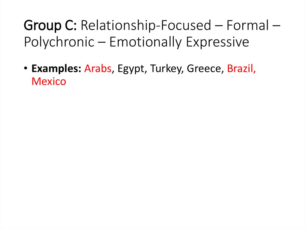 Group C: Relationship-Focused – Formal – Polychronic – Emotionally Expressive