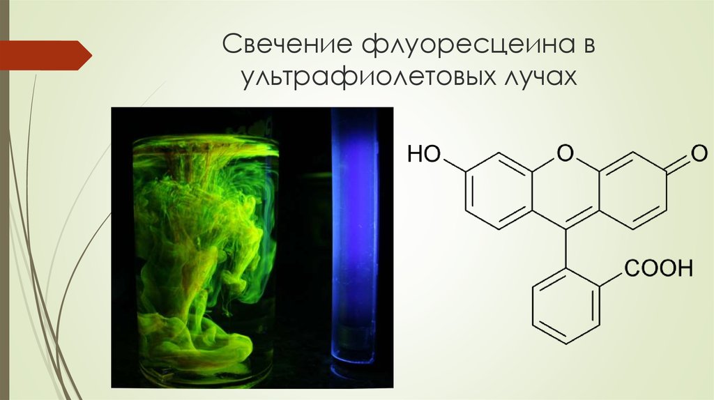 Свечение флуоресцеина в ультрафиолетовых лучах