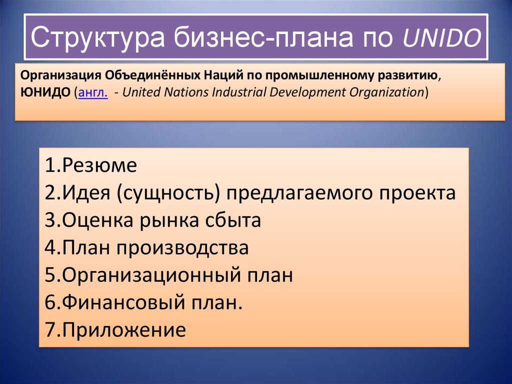 Бизнес план по юнидо пример