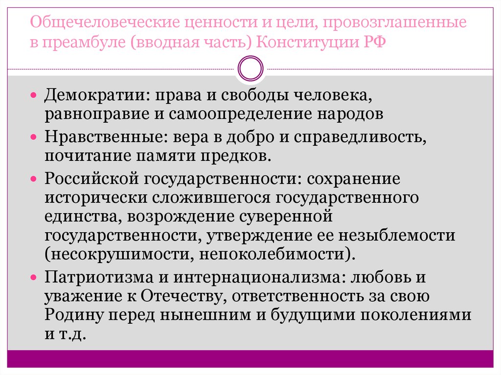 Общечеловеческие ценности и цели, провозглашенные в преамбуле (вводная часть) Конституции РФ