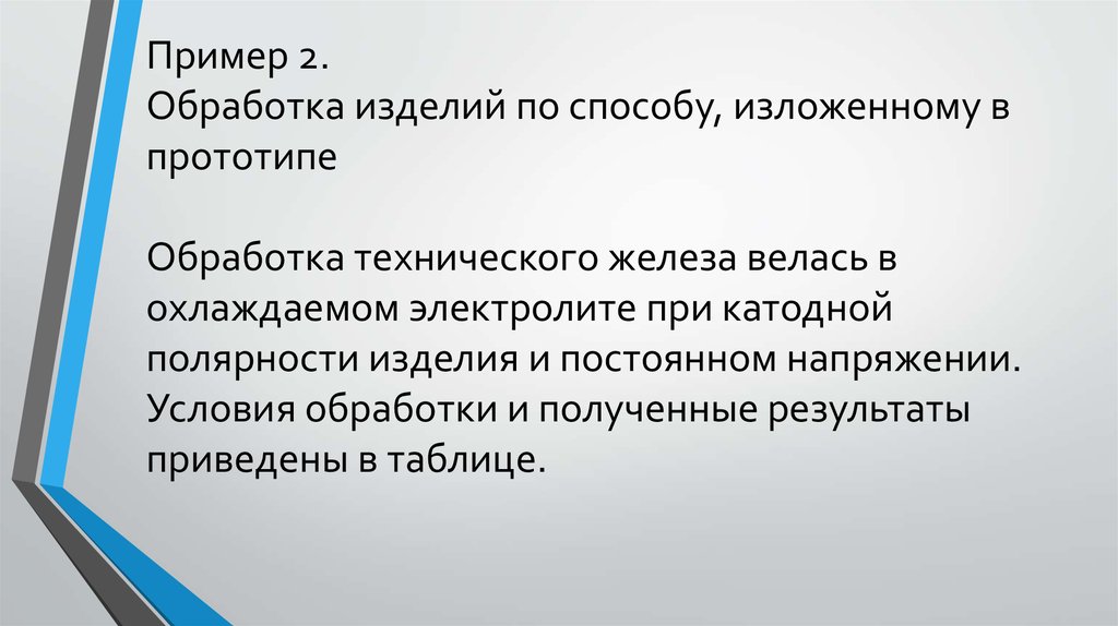 Пример 2. Обработка изделий по способу, изложенному в прототипе Обработка технического железа велась в охлаждаемом электролите