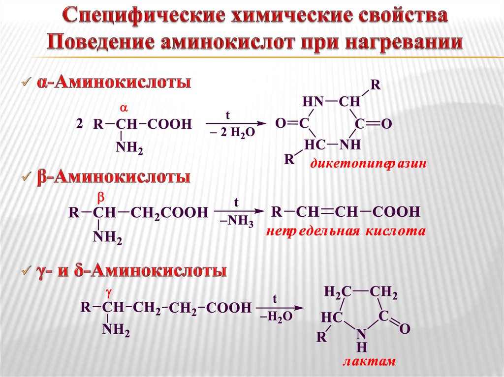 Специфические химические свойства Поведение аминокислот при нагревании