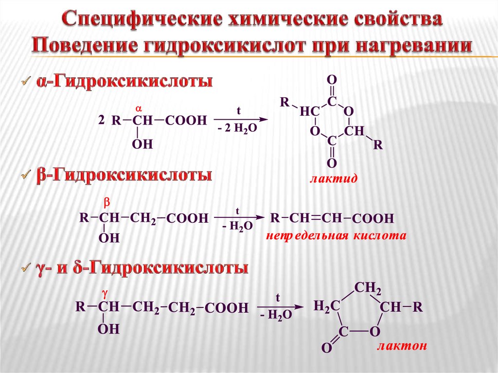Химические свойства на примере уксусной кислоты. Специфические реакции Альфа- бета- и гамма-аминокислот. Нагревание Альфа гидроксикислоты. Нагревание бета гидроксикислоты. Нагревание гамма гидроксикислот.