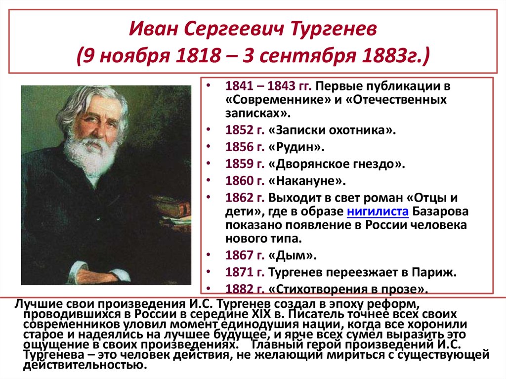 Иван Сергеевич Тургенев (9 ноября 1818 – 3 сентября 1883г.)