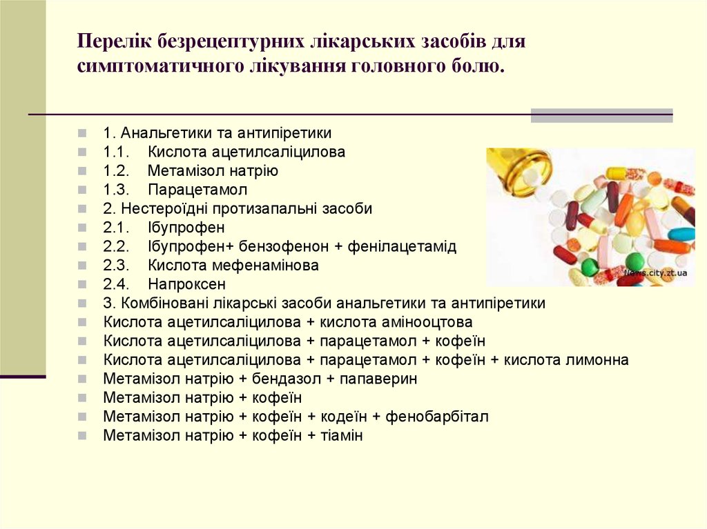 Перелік безрецептурних лікарських засобів для симптоматичного лікування головного болю.