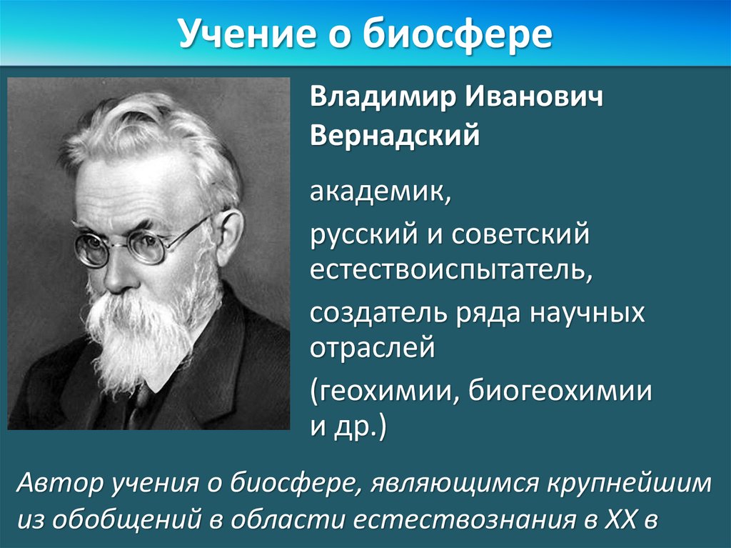 Учение о биосфере создано русским. Развитие учения о биосфере в.и Вернадского.