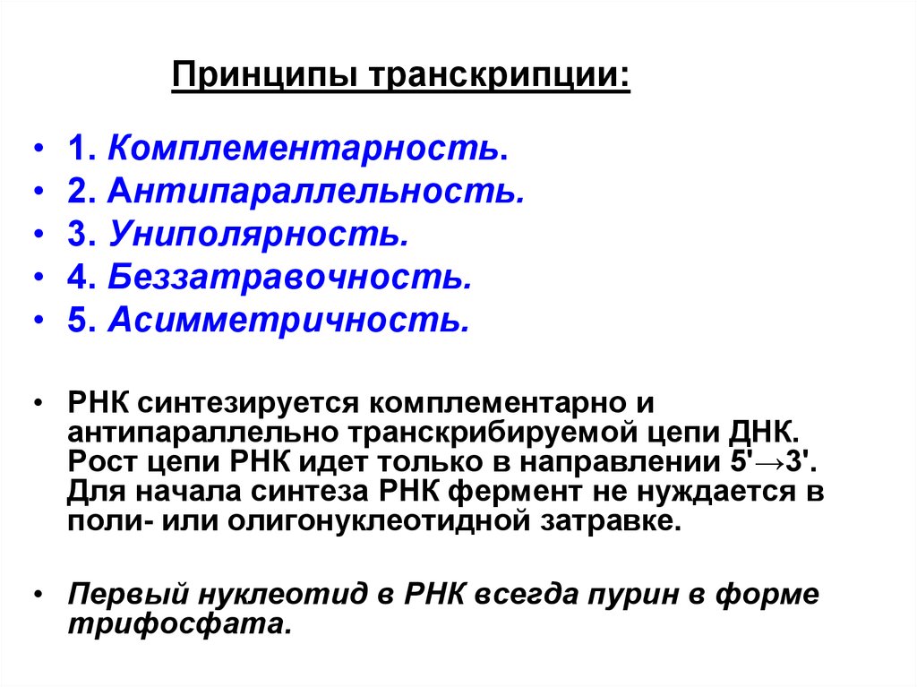 Принципы днк. Принципы транскрипции. Принципы транскрипции ДНК. Принцип комплементарности транскрипция. Принципы транскрипции РНК.