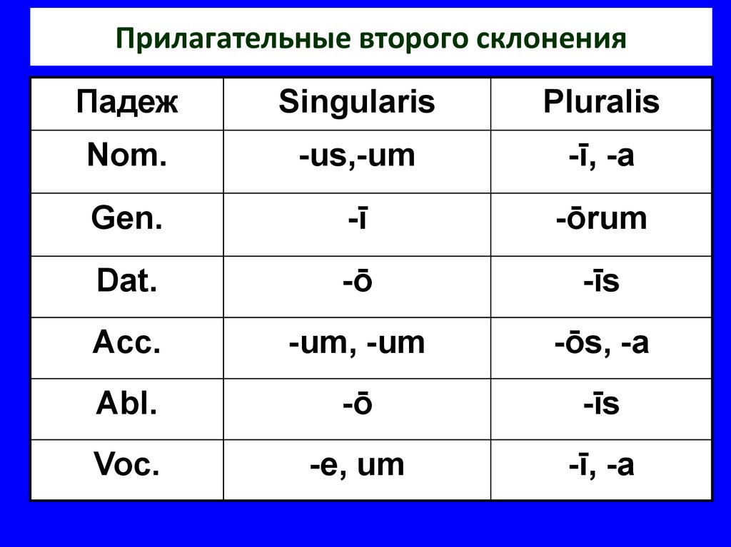 Прилагательные 2 окончаний. Падежные окончания 2 склонения латынь. Второе склонение в латинском языке. Падежные окончания второго склонения в латыни. Таблица склонения прилагательных латынь.