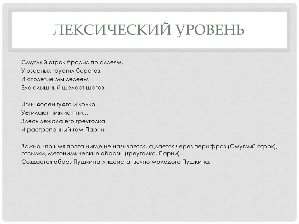 Смуглый отрок бродил по аллеям анализ. Лексический уровень. Уровни лексики. Лексический уровень примеры. Лексический уровень языка примеры.