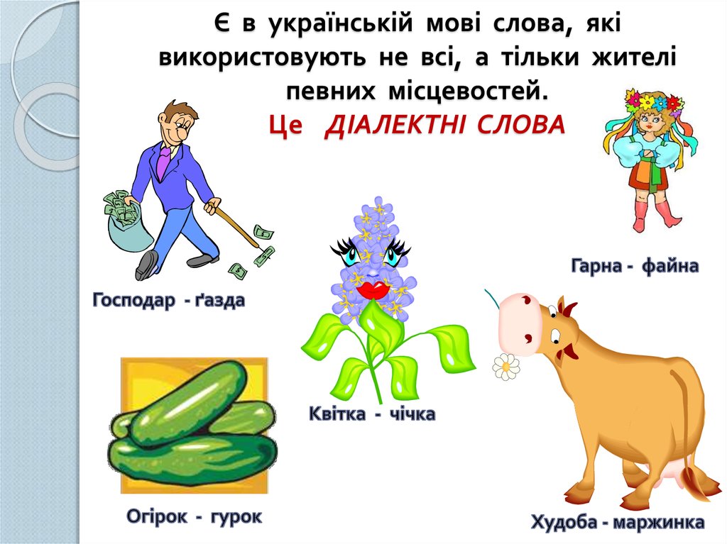 Є в українській мові слова, які використовують не всі, а тільки жителі певних місцевостей. Це ДІАЛЕКТНІ СЛОВА