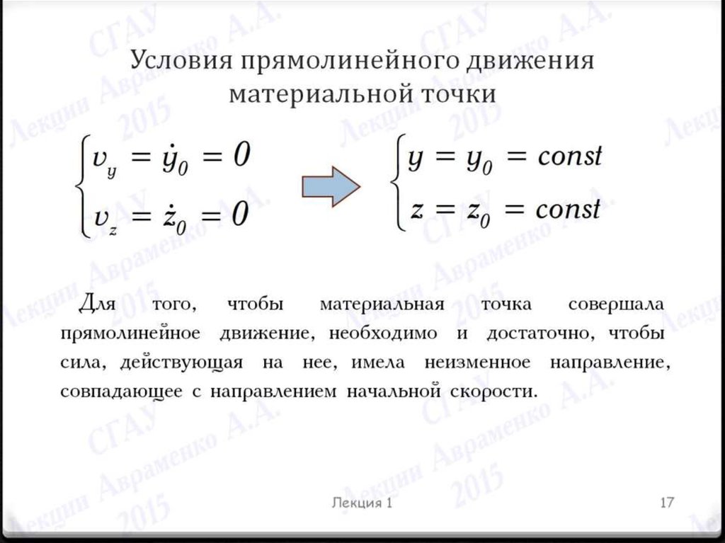 Условия прямолинейного движения материальной точки