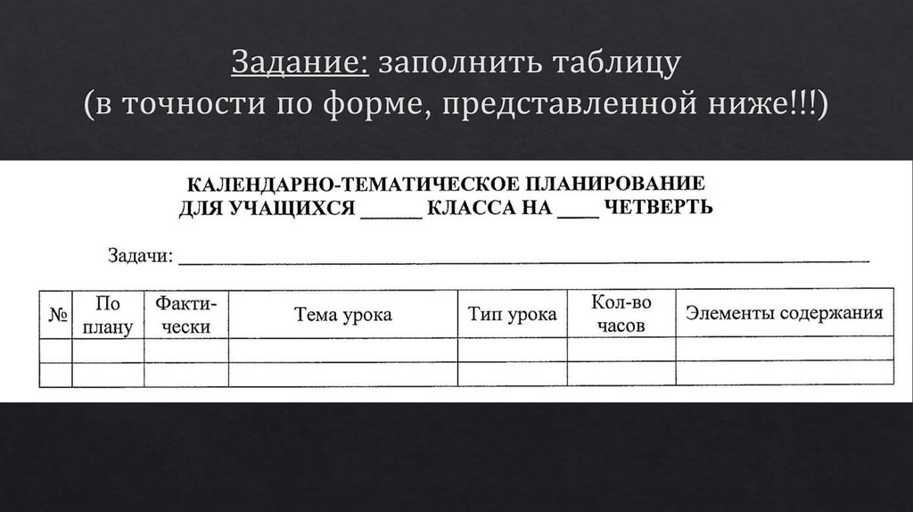 Задание: заполнить таблицу (в точности по форме, представленной ниже!!!)