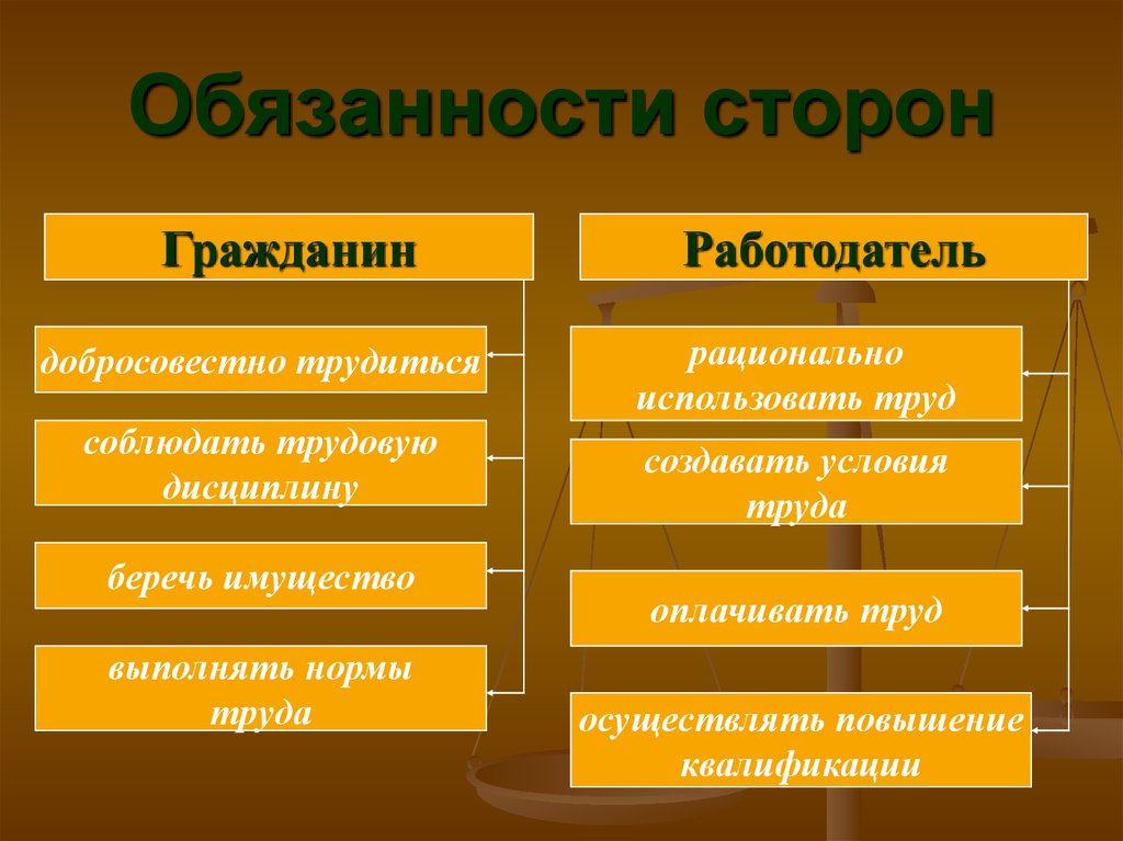 Обязанности сторон. Обязанности сторон гражданин работодатель. Обязательства со стороны гражданина и магазина. Обязанности гражданина в магазины. Трудовое право обязанности сторон.