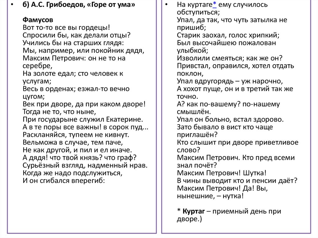 Какой поступок покойного дяди фамусов приводит как образец служения