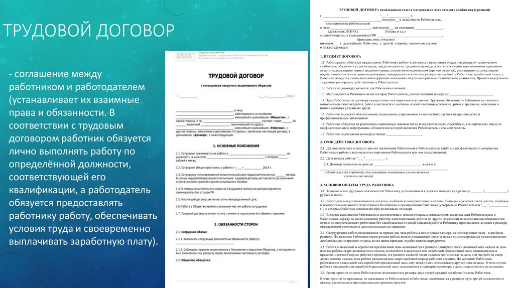 Трудовой договор образец обществознание